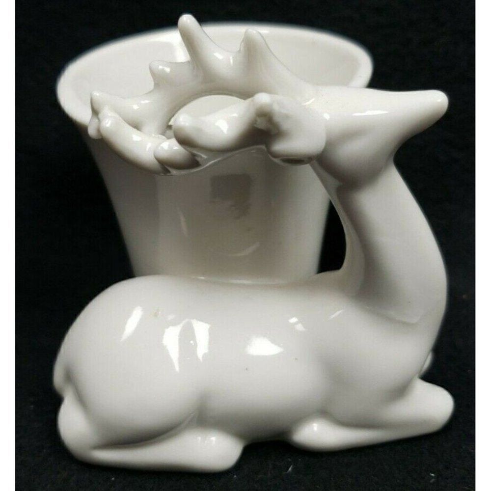 White Ceramic 3.5" Reindeer Candle Holder Christmas Trinket Dish Planter Holiday